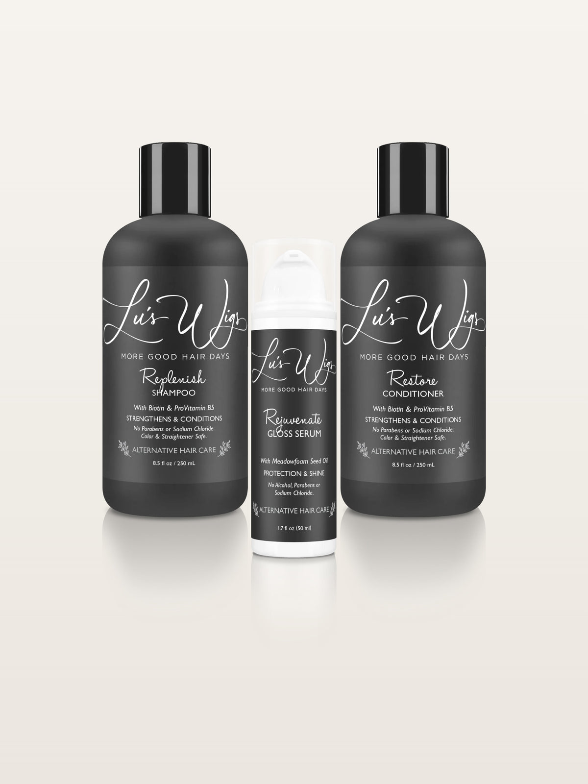 Lu's Wigs Complete Care Set: Replenish Shampoo, Rejuvenate Gloss Serum and Restore Conditioner